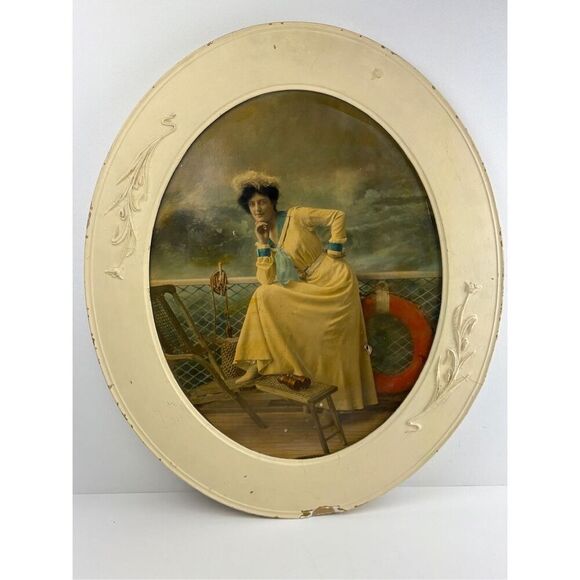 Antique Victorian Woman Photograph in Wooden Oval Embossed Floral Frame 26x22in - Picture 1 of 11